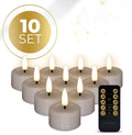 Set of four taupe-coloured S10 LED tealight candles with a realistic 3D flame effect.