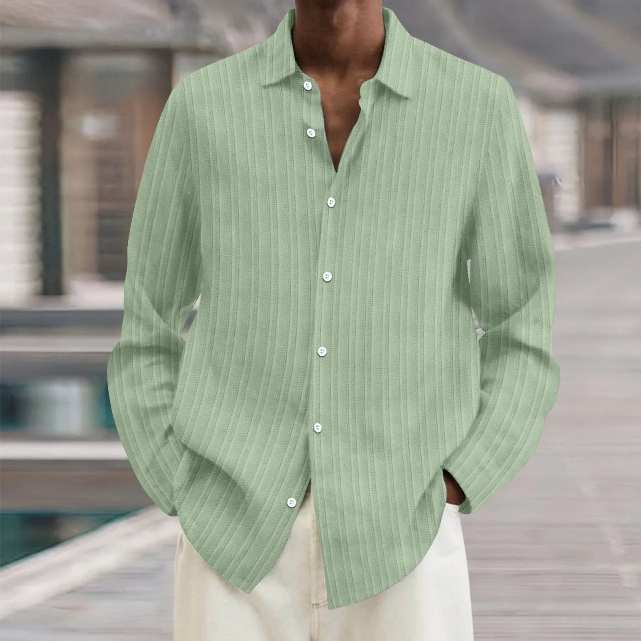 Men's striped cardigan shirt with long sleeves in loose fit British style for summer wear