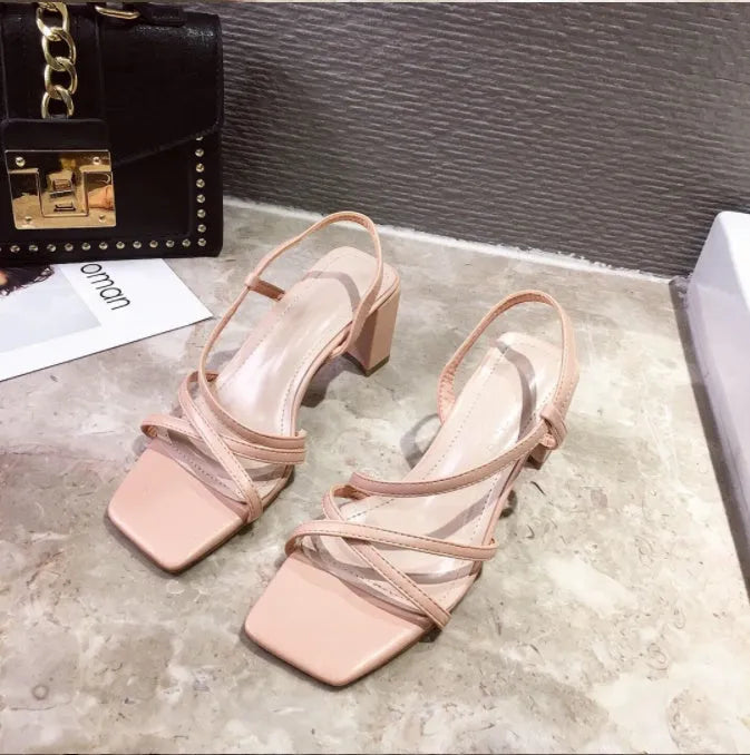 Women's Roman sandals with thick high heels over 8cm in white, pink or apricot colours