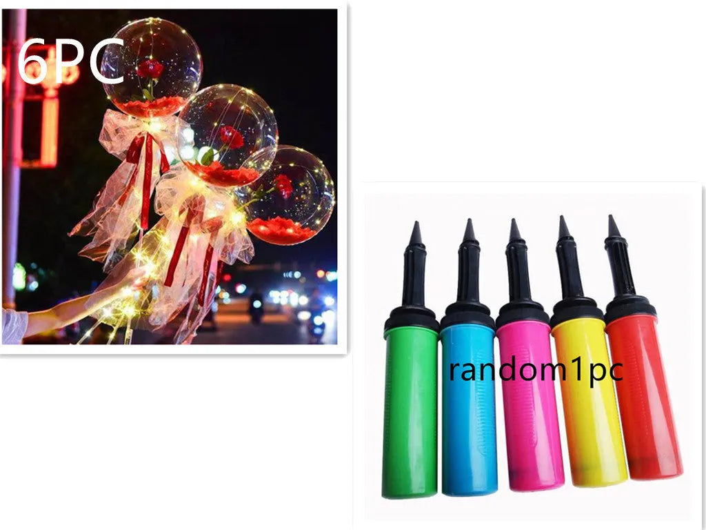 Transparent round LED luminous balloon rose bouquet with artificial flower and lights for DIY assembly
