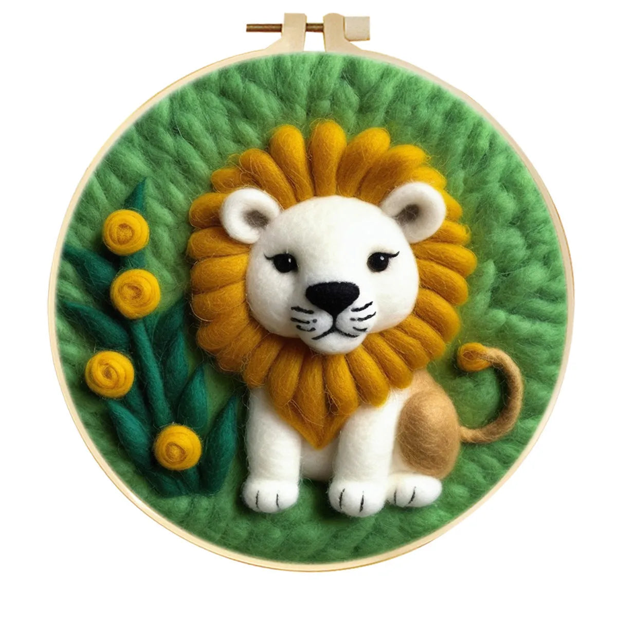 Round linen embroidery kit with wool felt pieces for 3D flowers and leaves, includes a free frame.