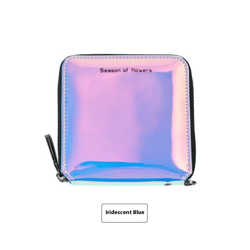 Women's Korean style short folding wallet in glitter blue or green colours showing compact 11cm dimensions