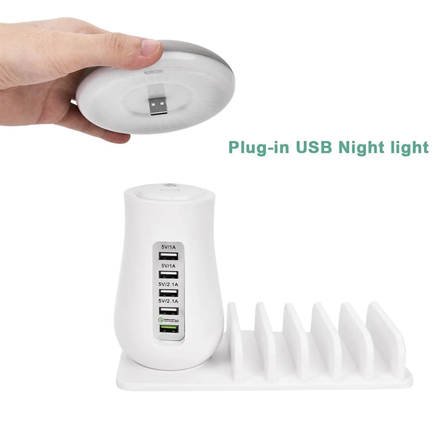 Mushroom-shaped white LED desk lamp with 5 USB charging ports for phones and tablets