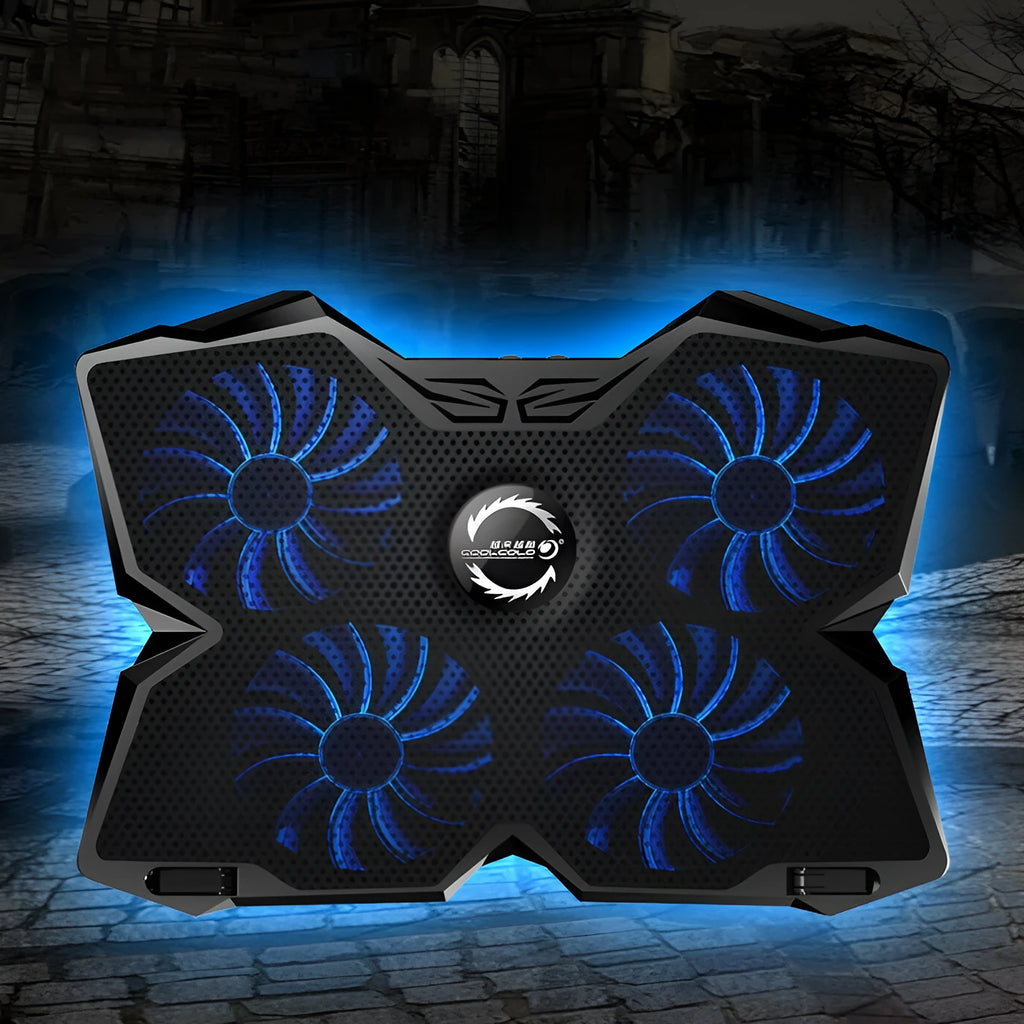 Blue computer cooling base with four LED fans and USB ports for desktop heat dissipation