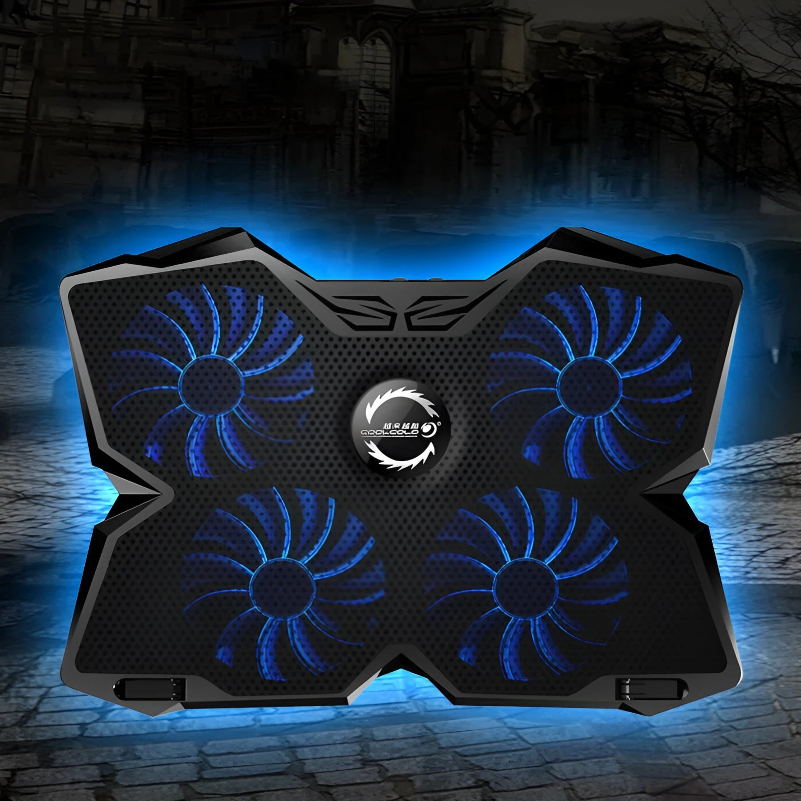 Blue computer cooling base with four LED fans and USB ports for desktop heat dissipation
