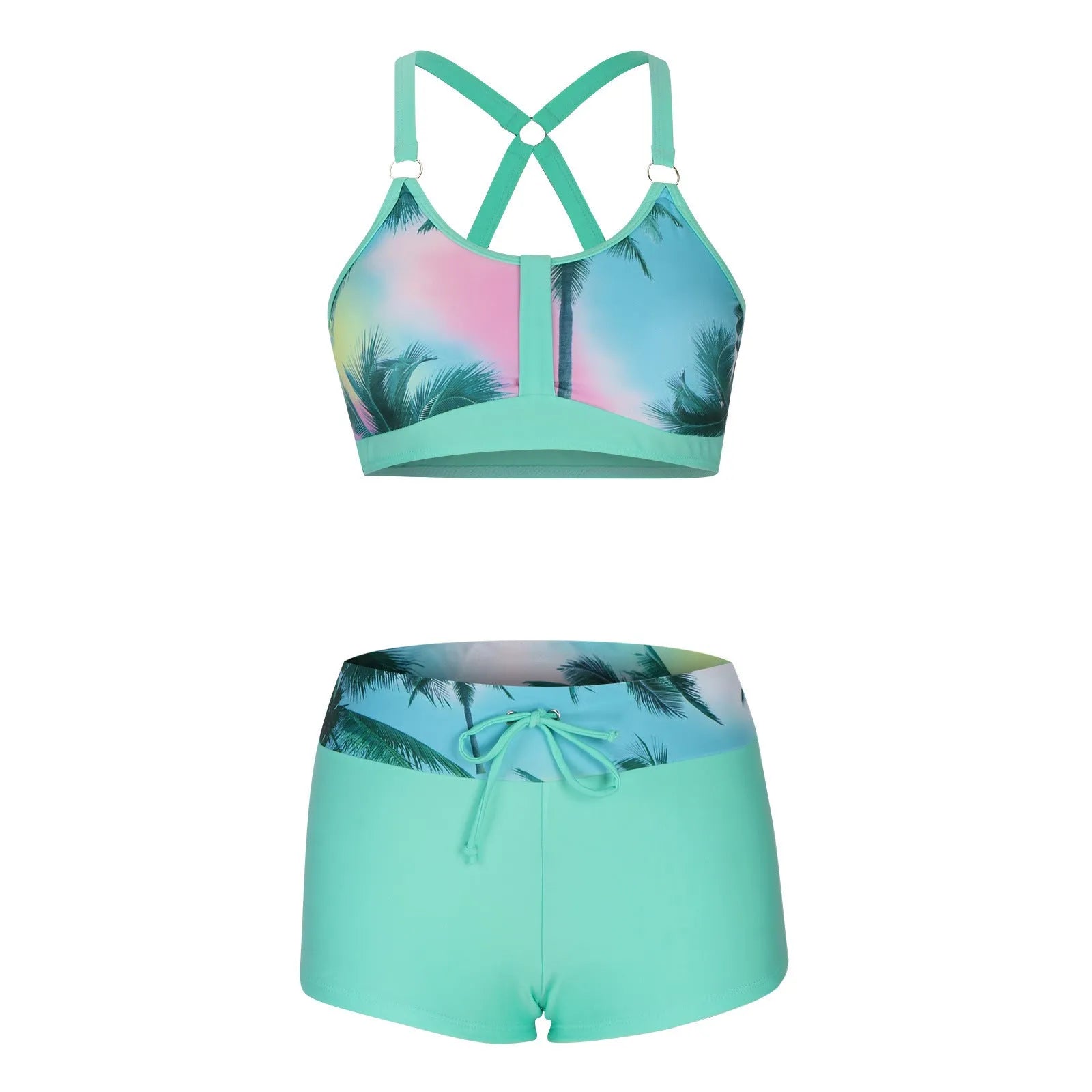 Women's floral print polyester bikini swimsuit set with bra and shorts on a neutral background.