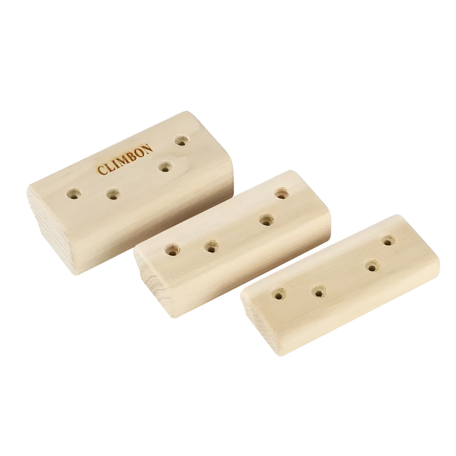 Set of three wooden hangboards for grip strength training, showing different widths and depths.