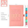Imitation leather daily planning calendar showing wireless binding and gold floral paper pages