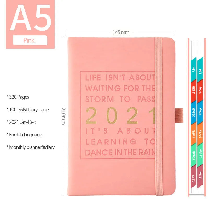 Imitation leather daily planning calendar showing wireless binding and gold floral paper pages