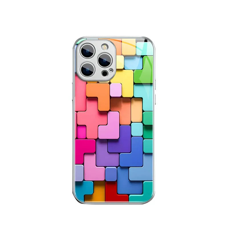 Colourful geometric building block design silicone case for iPhone on a white background.