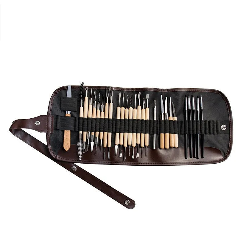27-piece brown pottery clay tool set with wood, stainless steel and plastic tools rolled in a storage package.