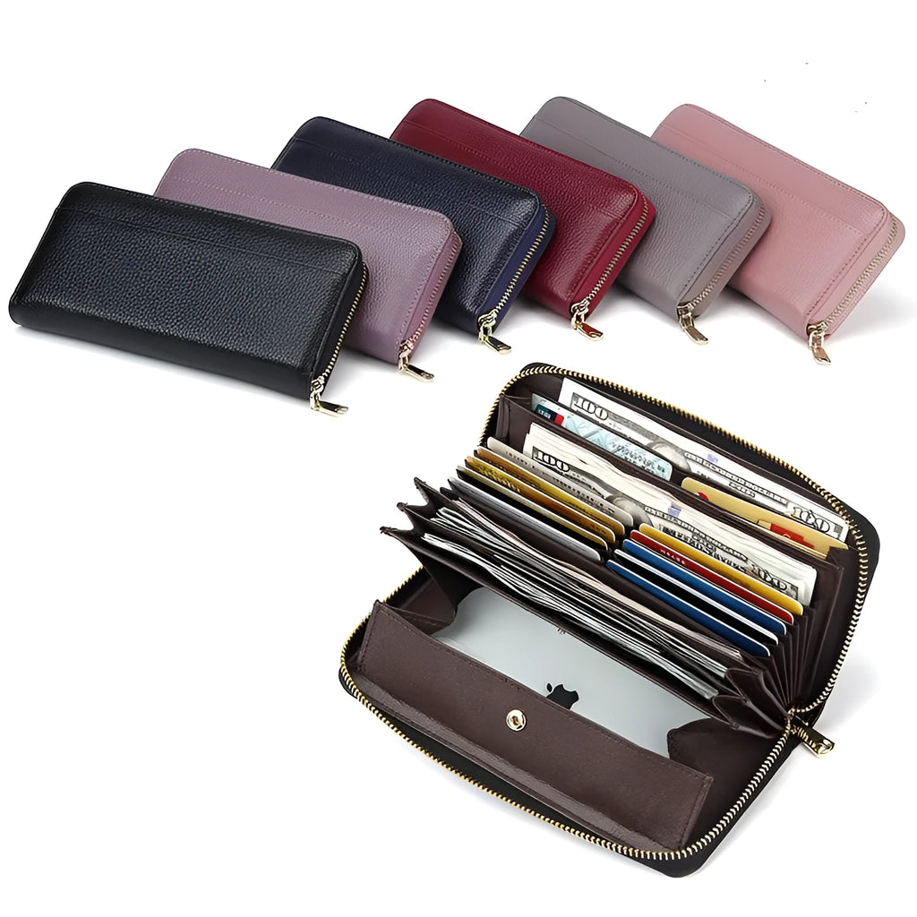 Women's genuine leather RFID blocking wallet in six colour options showing bi-fold design