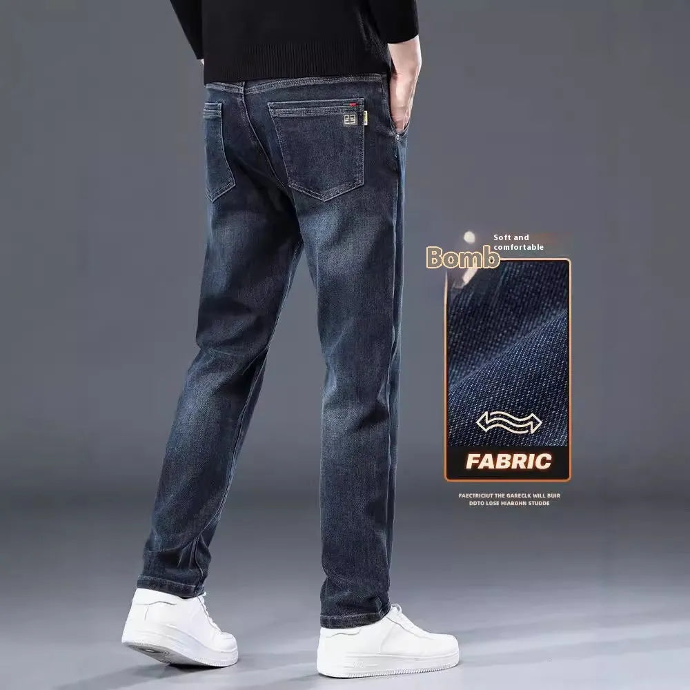 Slim straight casual trousers in black with micro elastic polyester fabric and zipper fly