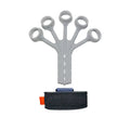 Black and grey silicone finger flexion and extension trainer with adjusting belt for hand rehabilitation.