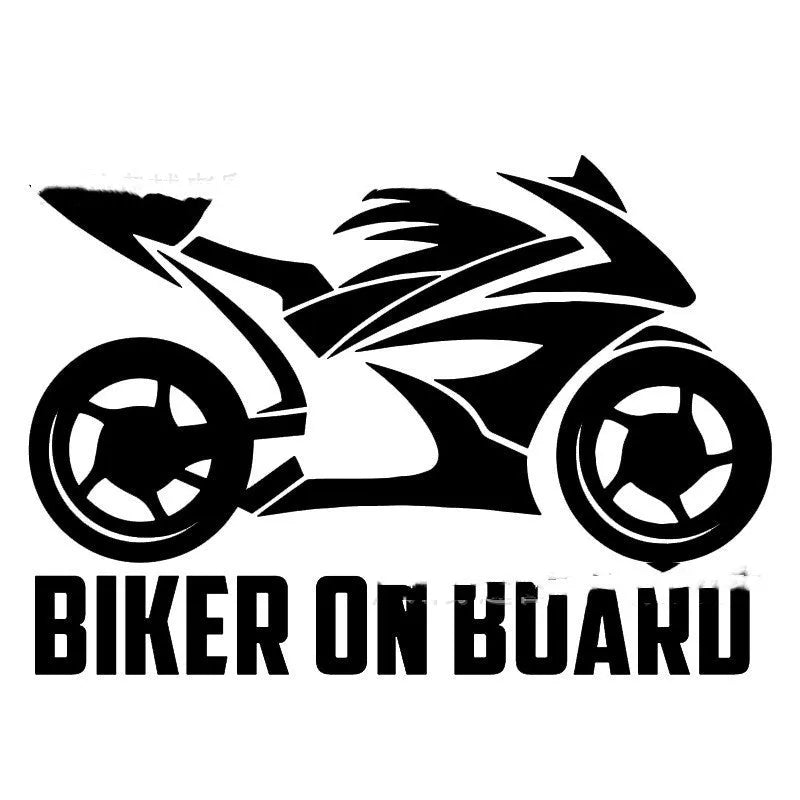 Motorcycle reflective safety sticker in PET material showing two size options: 14×20cm and 10×15cm