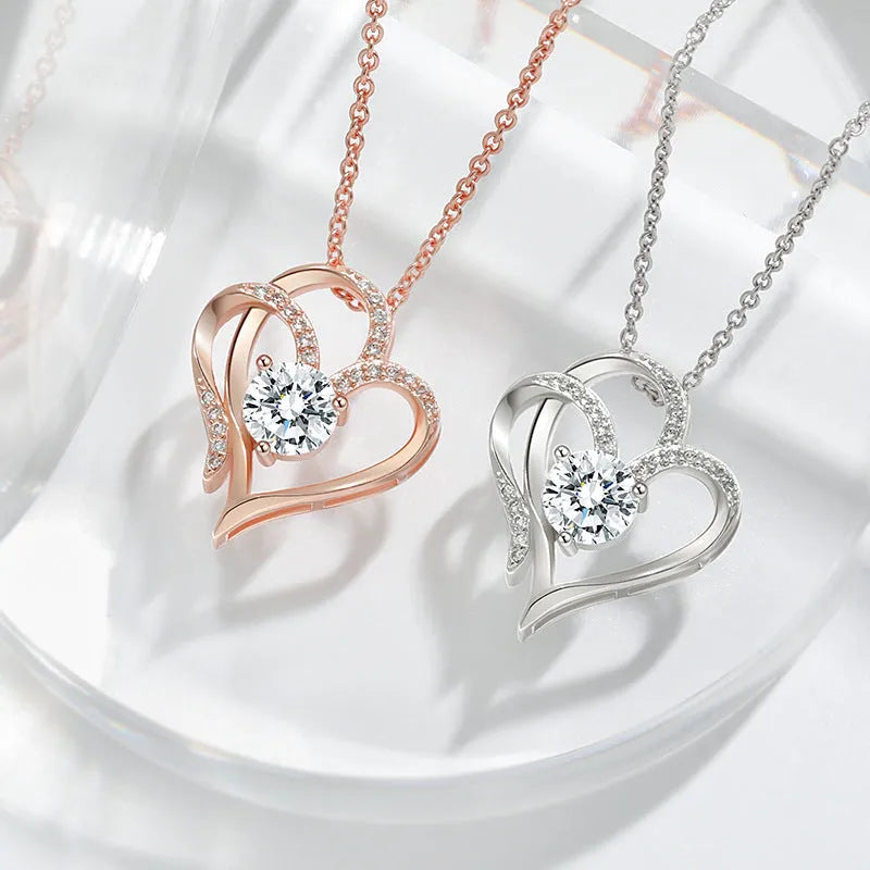 Women's 925 silver heart shape necklace with diamond treatment in rose gold finish