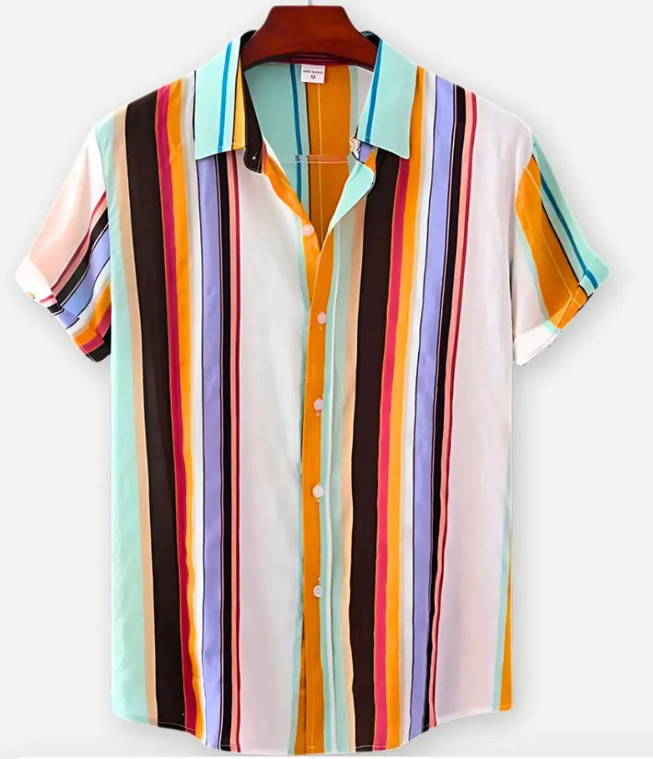 Hawaiian floral print short sleeve lapel cardigan shirt with elastic polyester fabric