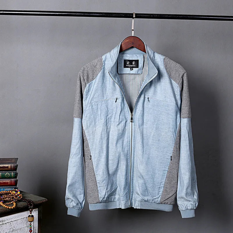 Men's heather grey casual linen jacket on a hanger, showing regular fit and thin cotton fabric.