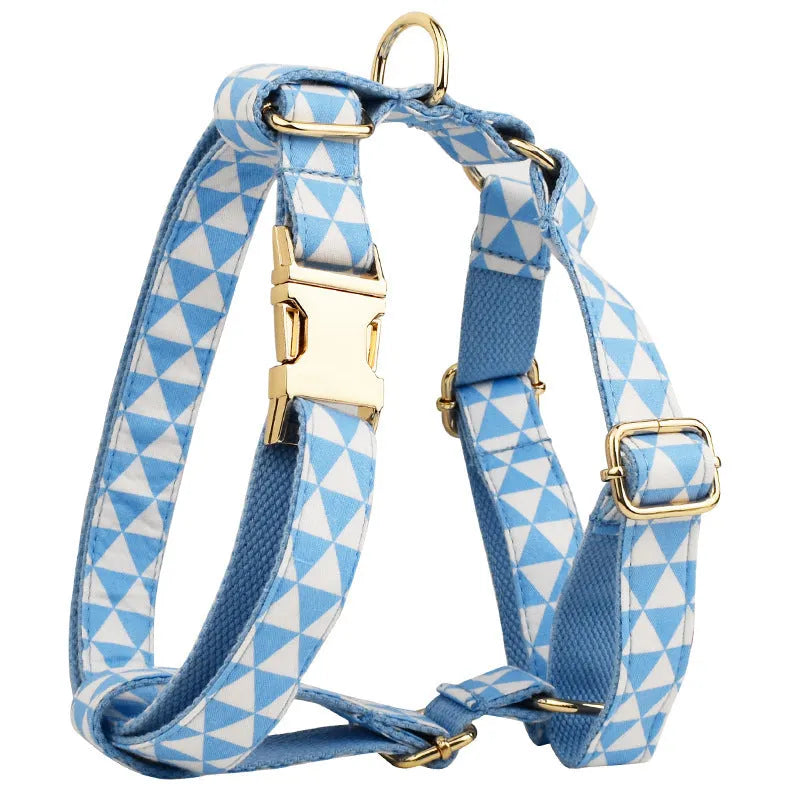 Blue cloth dog collar and leash four-piece set with vest and bow accessory