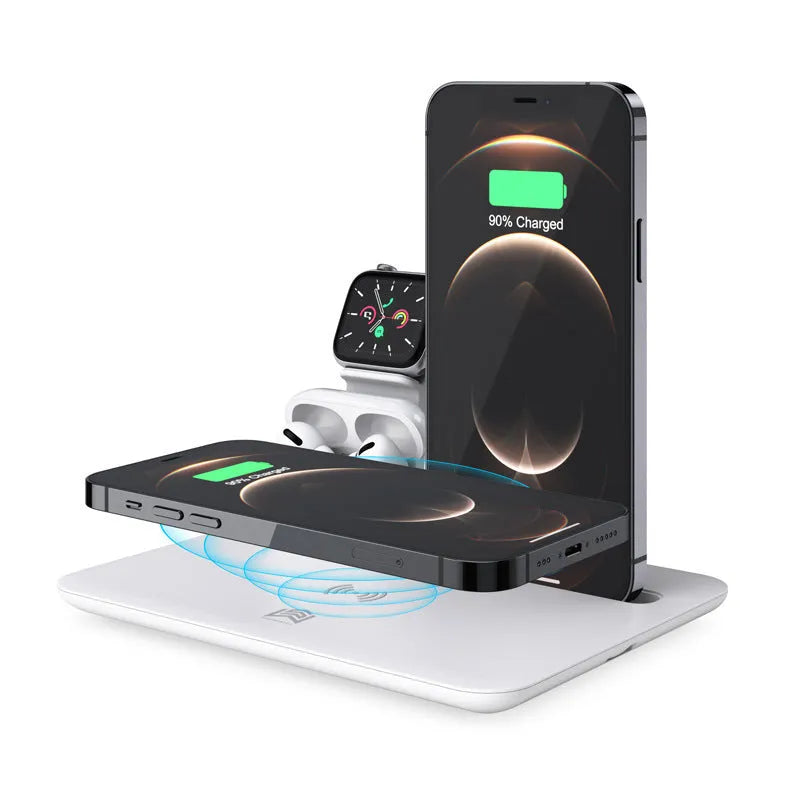 Black and white desktop charging station for wireless phone, watch, and headphone charging with USB cable.