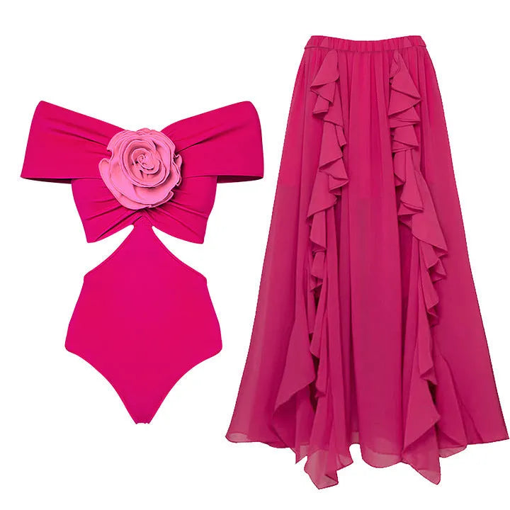 Women's floral decoration hollow-out one-piece swimsuit with matching skirt in quick-drying polyester fabric