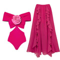 Women's floral decoration hollow-out one-piece swimsuit with matching skirt in quick-drying polyester fabric