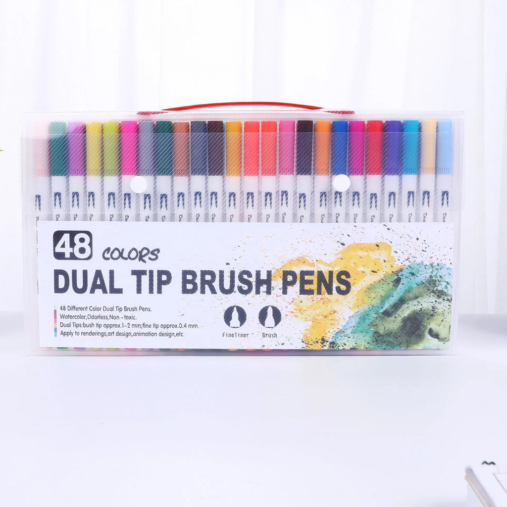 Watercolour pen set with artist brush tips showing multiple colour options from 48 to 100 colours