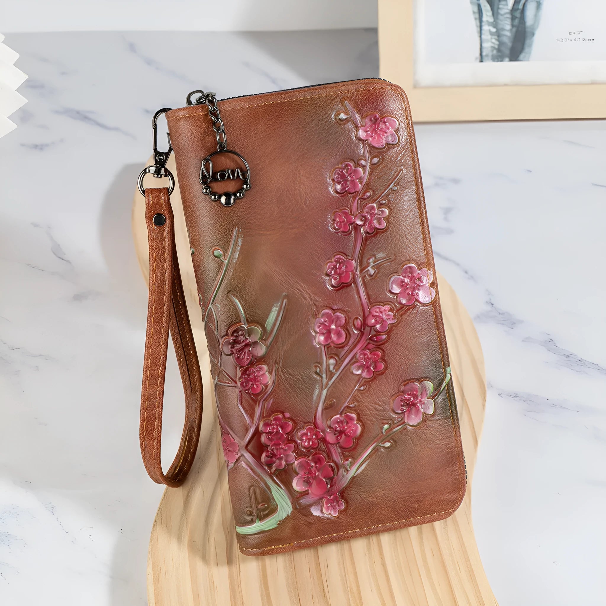 Embossed floral pattern Chinese style zipper handbag in PU leather