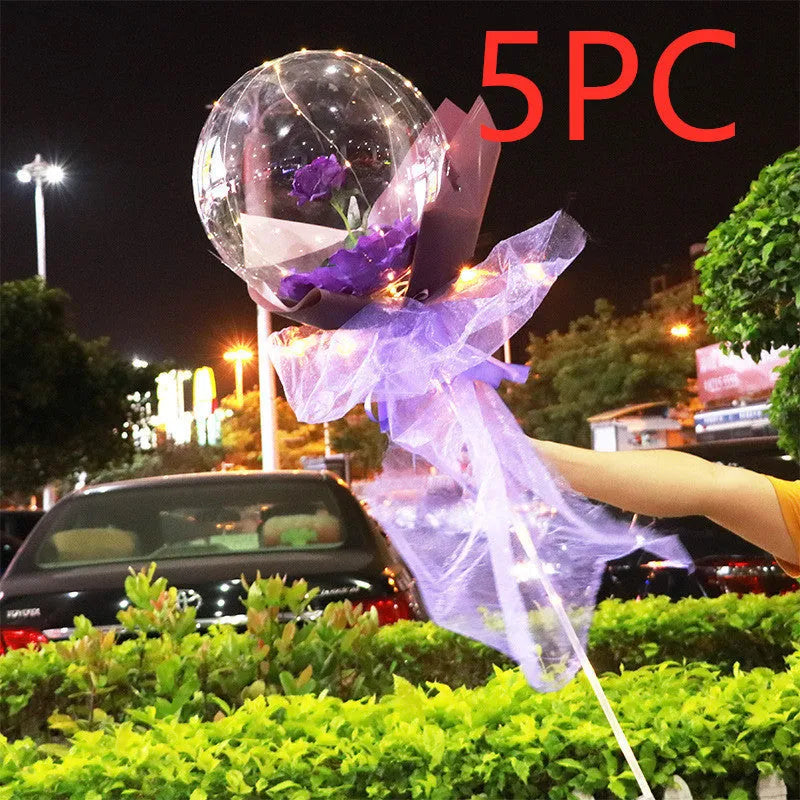Transparent round LED luminous balloon rose bouquet with artificial flower and lights for DIY assembly
