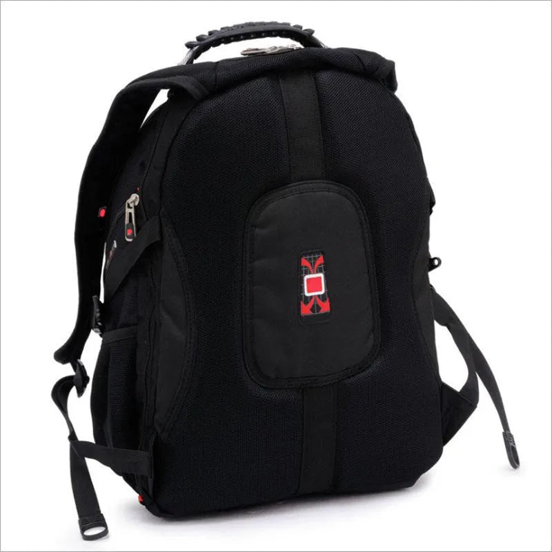 Black business laptop backpack showing three compartments, suitable for a 15 inch notebook.