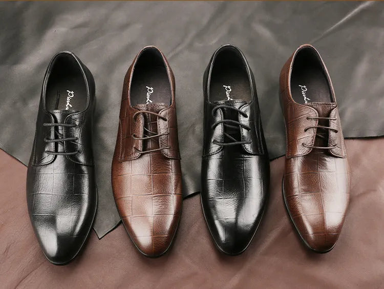 Men's black leather Derby shoes with checkered pattern and pointed toe