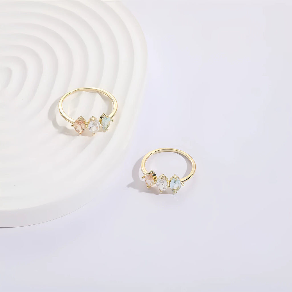 Geometric triangular copper ring with horse eye tricolor zircon birthstone in 14k real gold colour