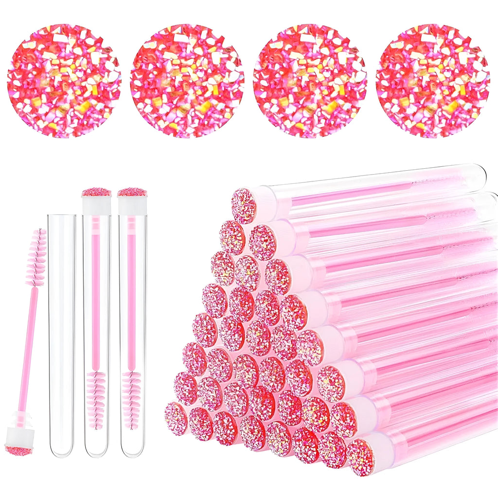 Set of coloured disposable eyelash spoolie brushes inside clear plastic storage tubes.