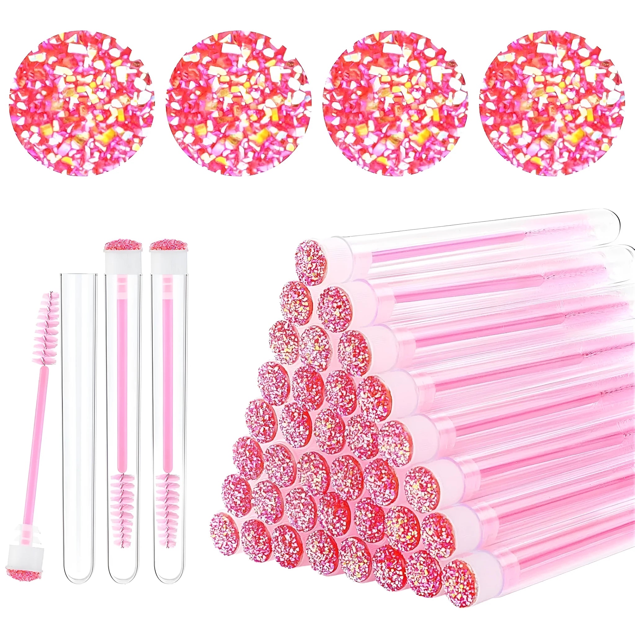 Set of coloured disposable eyelash spoolie brushes inside clear plastic storage tubes.