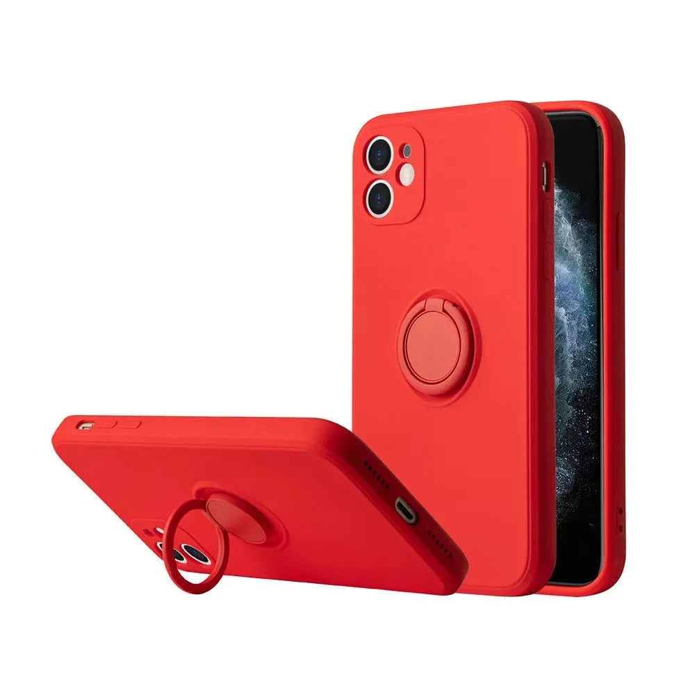 iPhone 12 silicone gel back cover case with a ring holder, shown in multiple colour options.