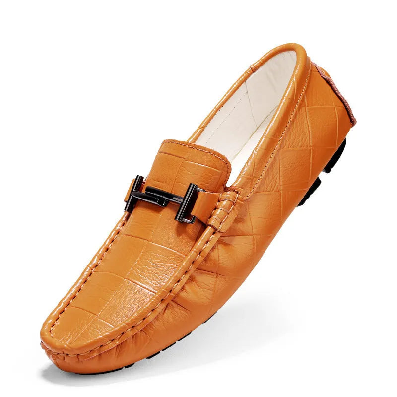 Men's casual leather loafers with belt buckle detail showing black colour option