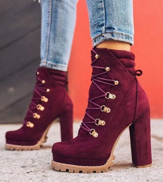 Women's suede high heel ankle boots with thick heels above 8cm and waterproof platform in four colour options
