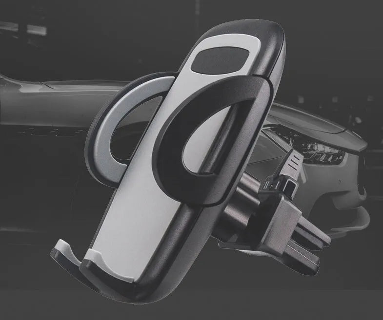 Black plastic car vent phone holder mounted on air conditioning outlet with smartphone
