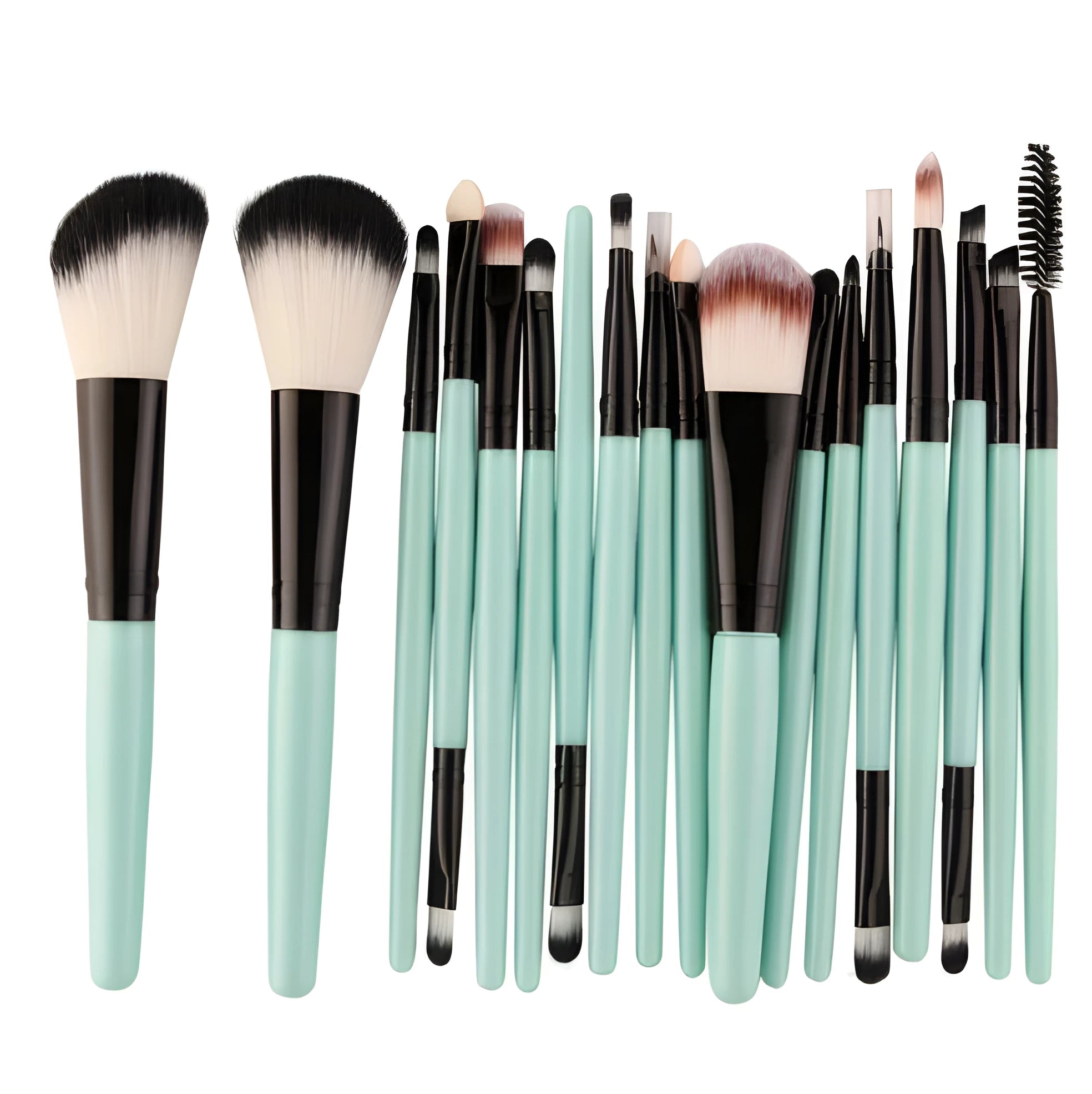 18-piece makeup brush set with fan brushes arranged on a table.