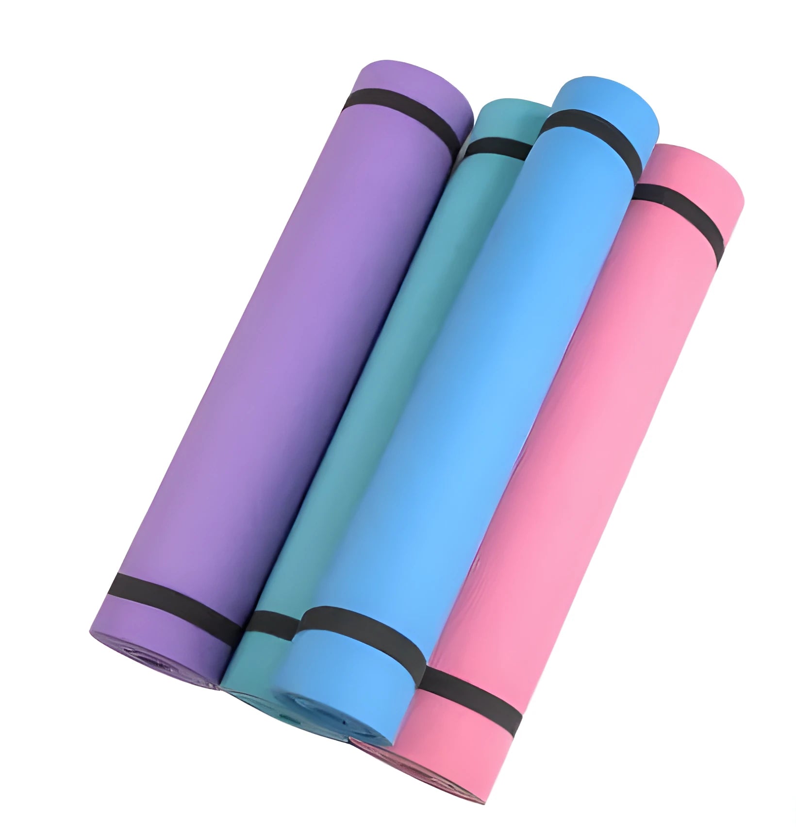 Red and blue EVA fitness yoga mats showing 4mm and 6mm thickness options on a wooden floor.