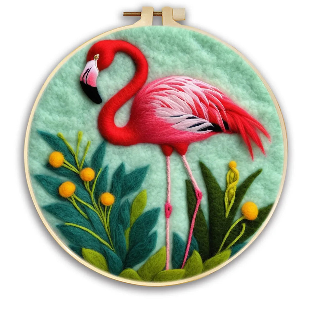 Round linen embroidery kit with wool felt pieces for 3D flowers and leaves, includes a free frame.
