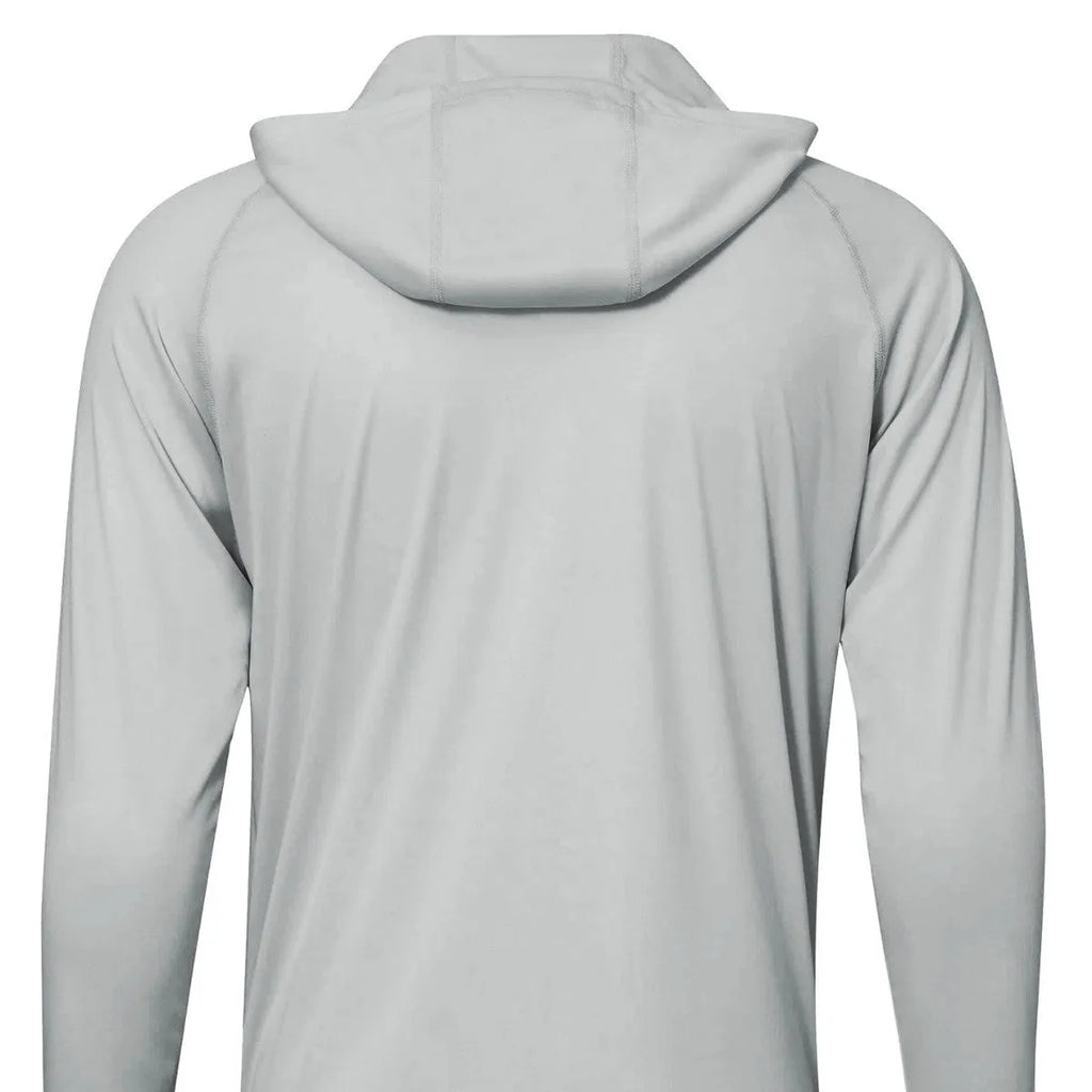Man wearing a solid colour long sleeve hooded top for outdoor fishing or hiking.