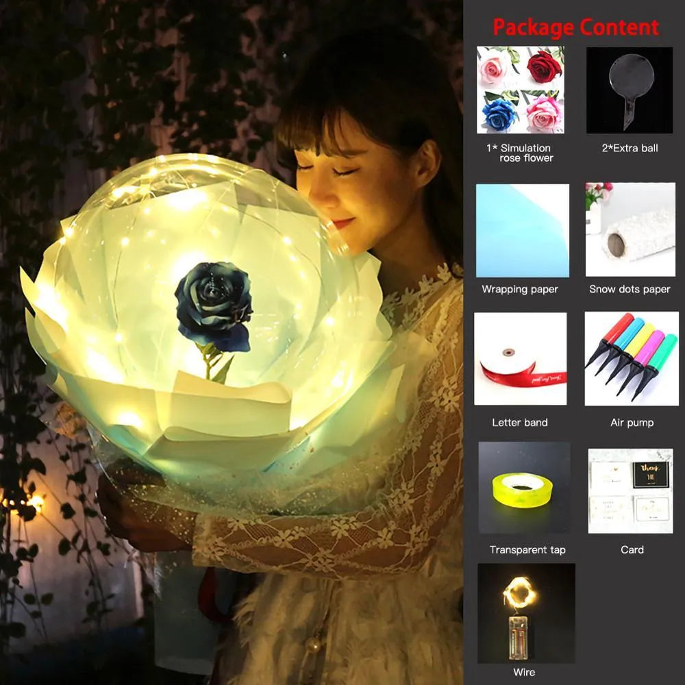 Transparent round LED luminous balloon rose bouquet with artificial flower and lights for DIY assembly