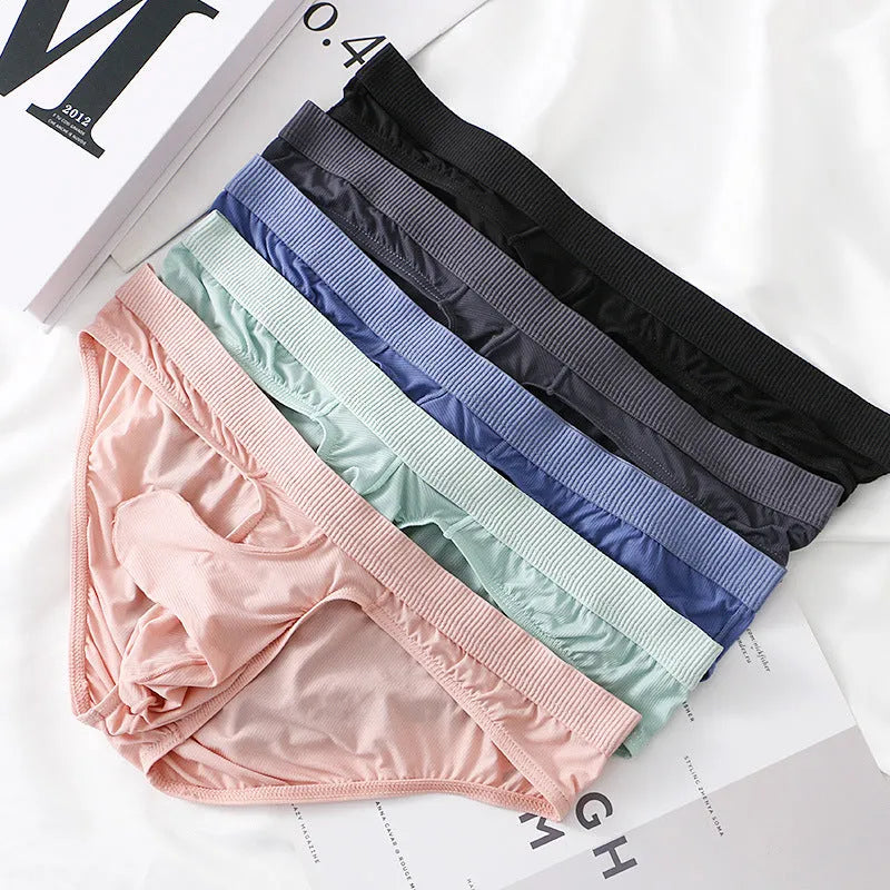 Men's ice silk low waist briefs underwear in multiple colours showing briefs style and lightweight fabric.