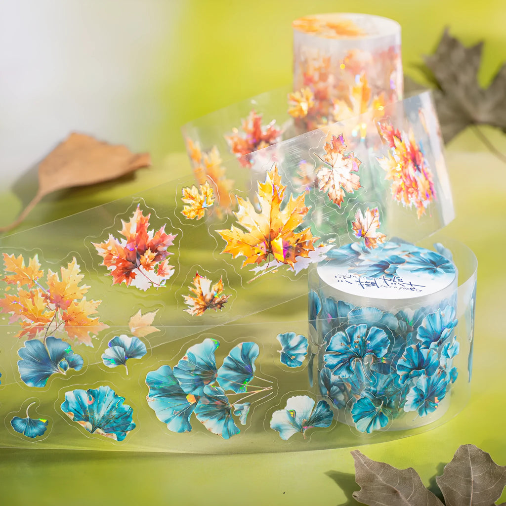 Roll of Deciduous Poetry Series 40mm wide decorative PET stickers showing six leaf designs including ginkgo and maple.