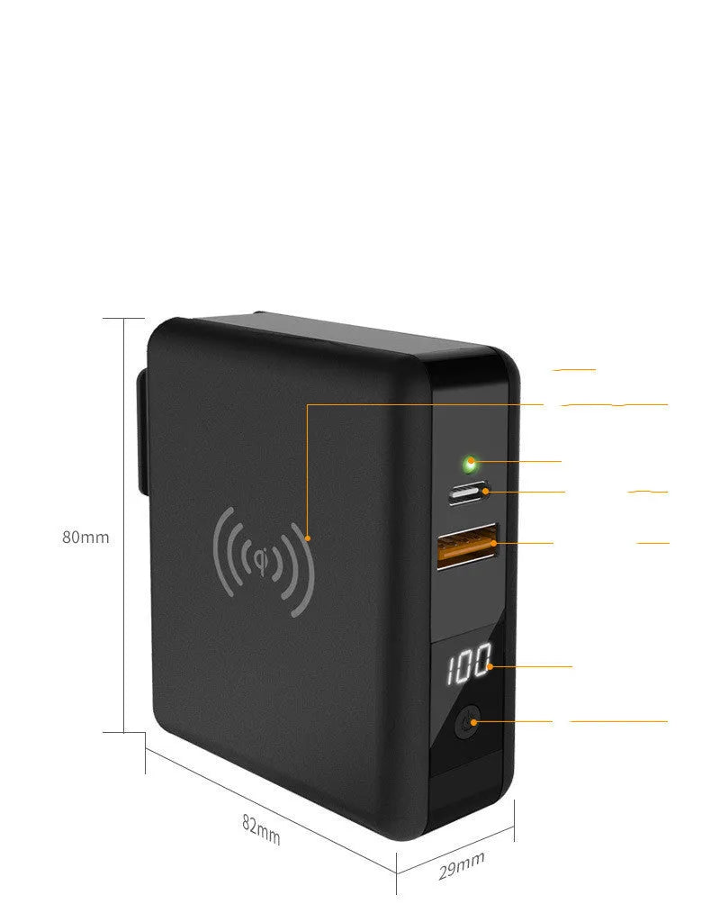 PD20W fast power bank with wireless charging and built-in plug in black or white colours
