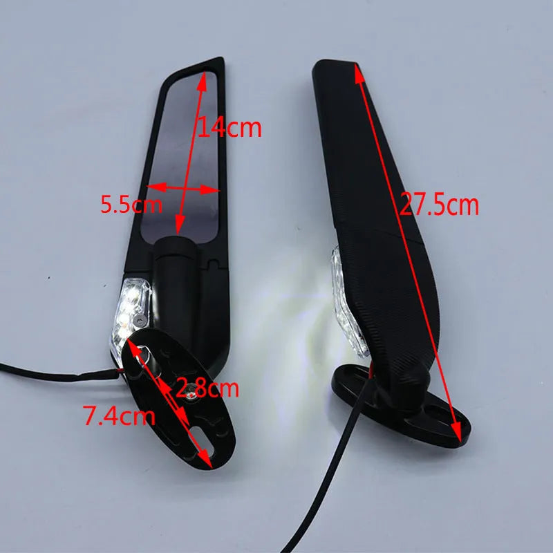 Pair of spoiler-shaped motorcycle rearview mirrors with yellow LED lights and convex lenses.