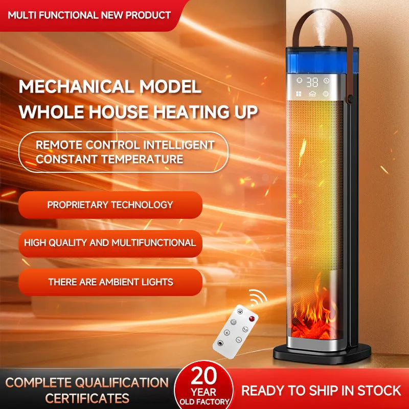 Tall, vertical intelligent heater with voice control and humidification function.
