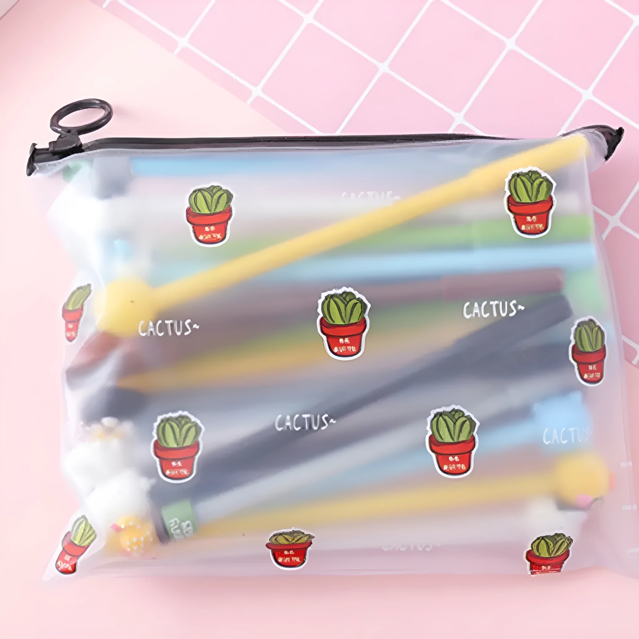 Plastic pen case open showing twenty colourful cartoon cactus design pens with 0.5mm black tips
