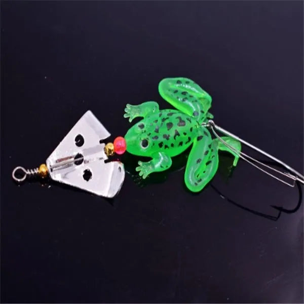 Frog-shaped fishing lure with revolving sequins and anti hanging bottom hook, 6.2g, on a white background